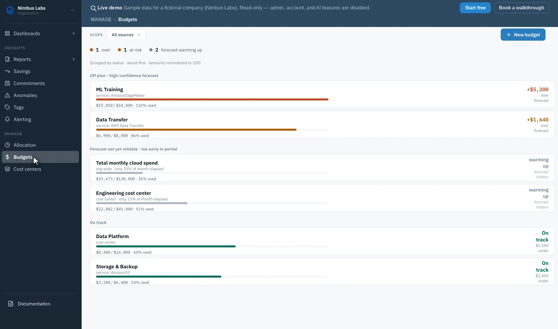 The Budgets page listing budgets grouped by status — over budget, at risk, forecast warming up, and on track — each with actual-vs-target spend, percent used, and forecast.