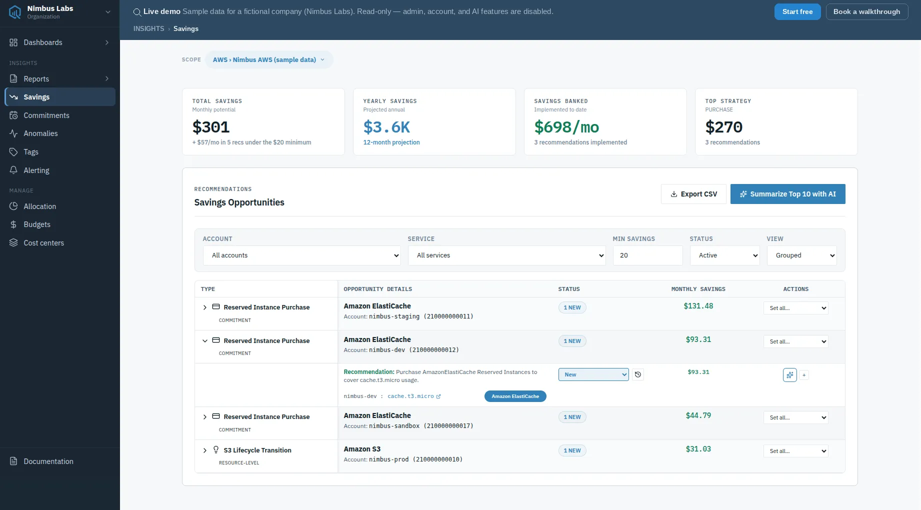 The Savings page with total, yearly, and banked savings plus top strategy KPIs, above a Savings Opportunities table listing recommendations by type, account, status, and monthly savings.
