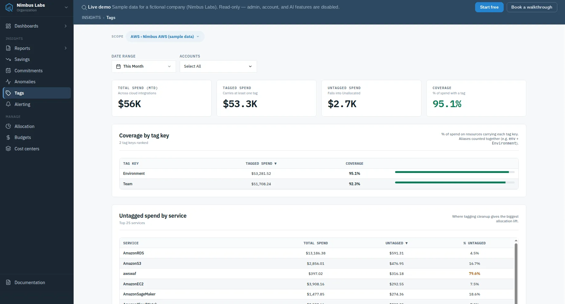 The Tags view with total, tagged, and untagged spend plus an overall coverage KPI, above a Coverage by tag key table ranking each key by tagged spend and coverage, and an Untagged spend by service breakdown.